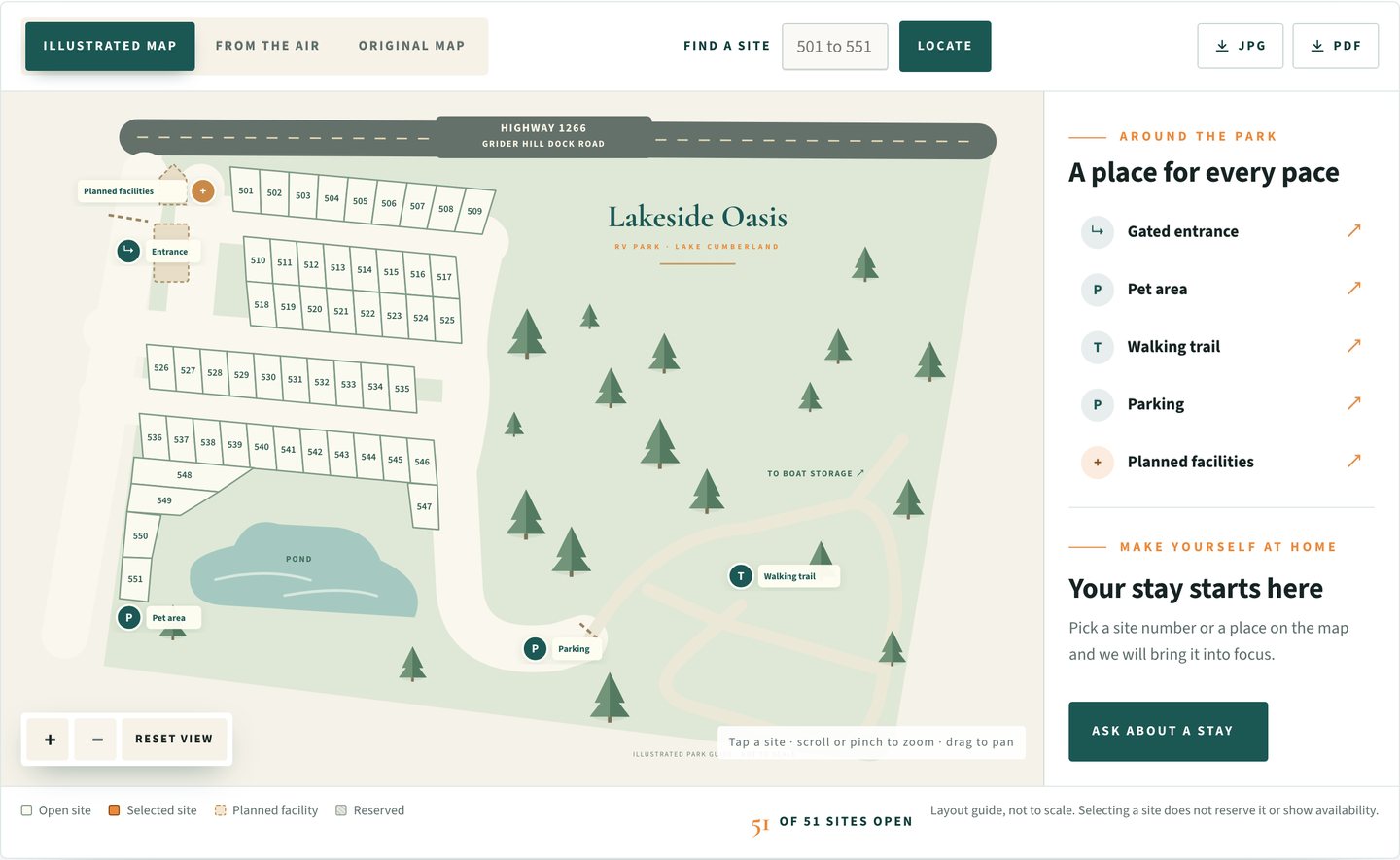 The Lakeside Oasis interactive park map at 1440 pixels: 51 numbered sites, the pond, the entrance and pet area, with search, zoom and download controls.