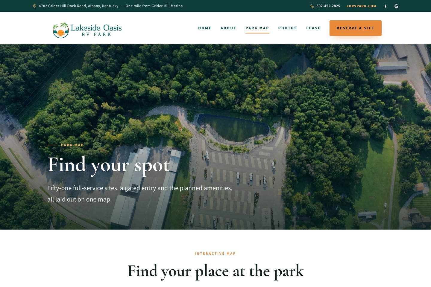 Exact capture of the Park Map page on the Lakeside Oasis RV Park website at 1440 pixels.
