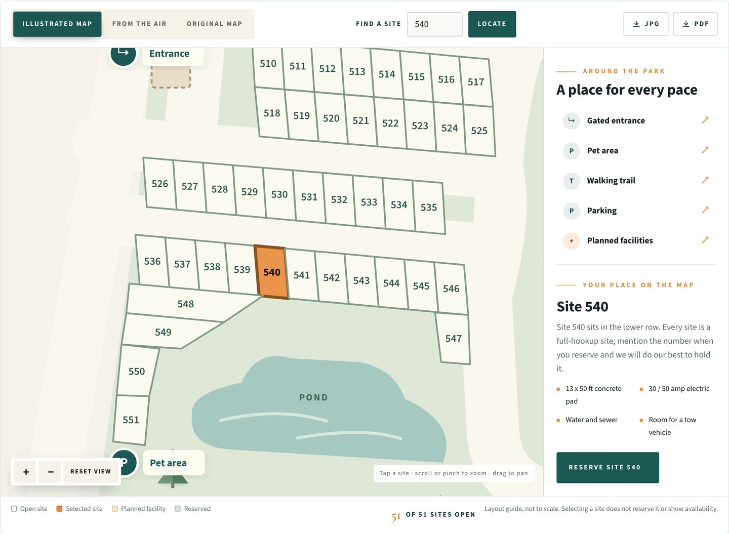 The Lakeside Oasis park map with site 540 selected and highlighted in orange, its details and a Reserve Site 540 link in the side panel, at 1440 pixels.