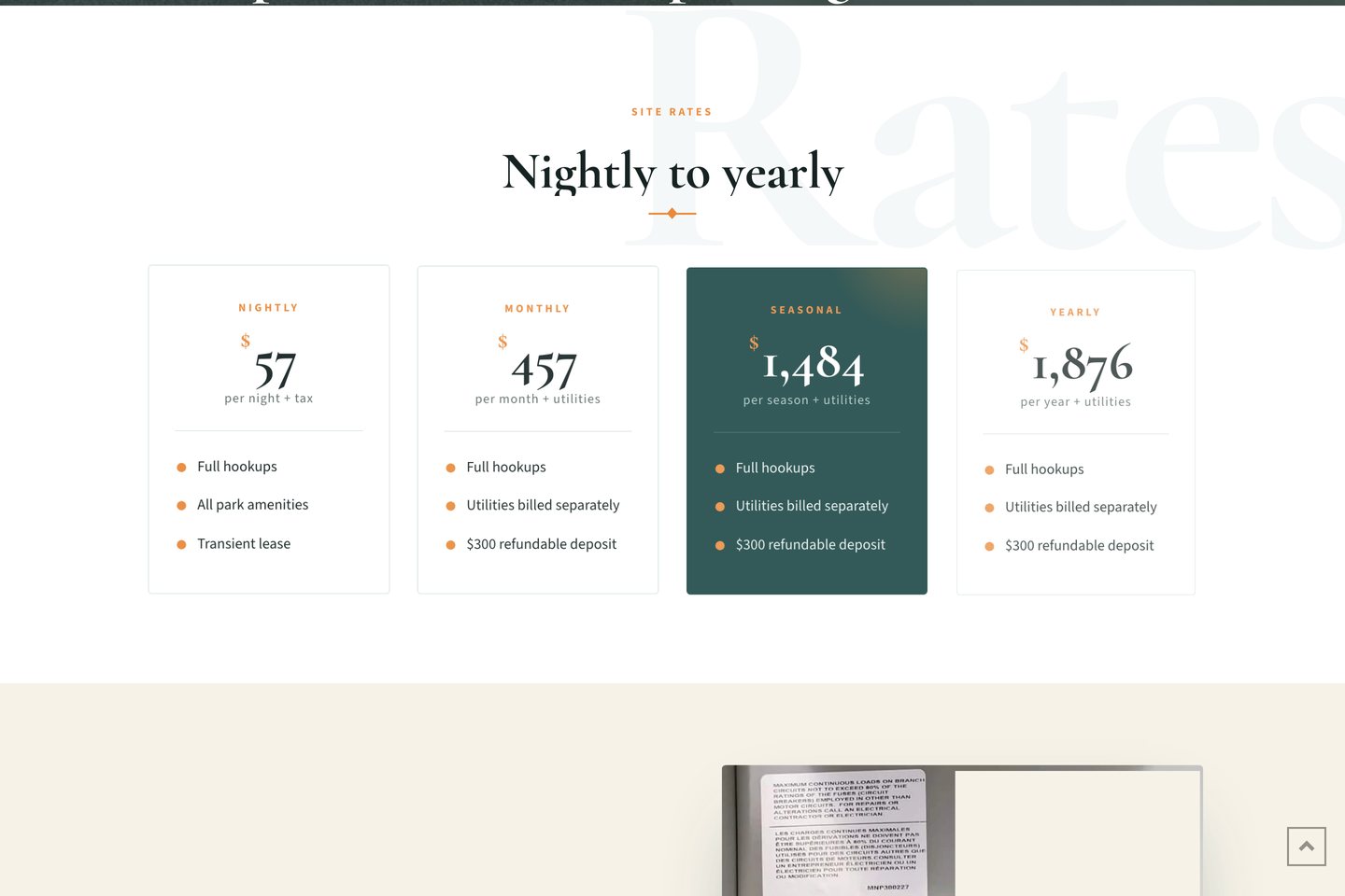 Exact capture of the Rates and Lease page on the Lakeside Oasis RV Park website at 1440 pixels: nightly, monthly, seasonal and yearly stays.