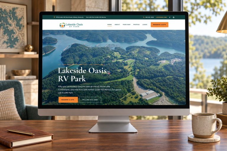 The Lakeside Oasis RV Park homepage on a desktop monitor in a lake-house studio, a presentation scene built from the real site.