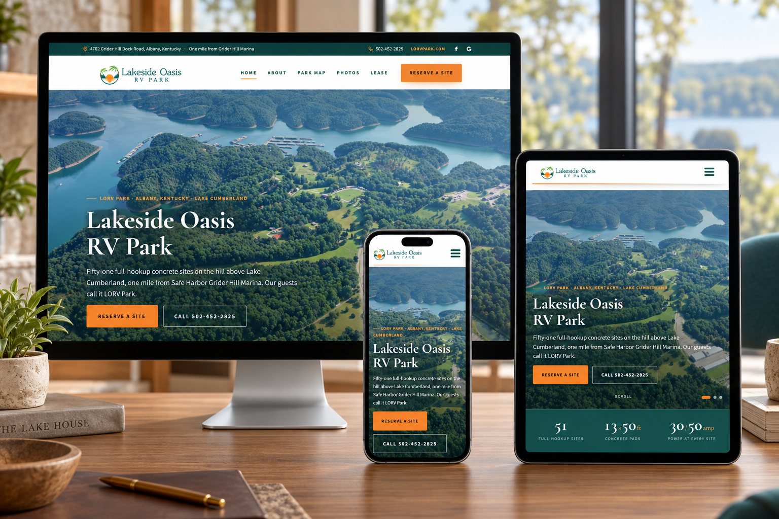 The Lakeside Oasis RV Park website on desktop, tablet and phone in a lake-house studio, a presentation scene built from the real site.