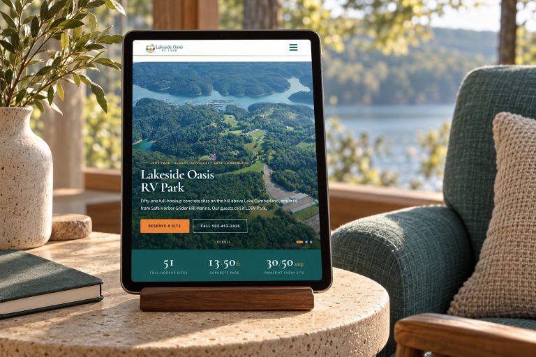 The Lakeside Oasis RV Park website on a tablet in a lakeside reading nook, a presentation scene built from the real site.