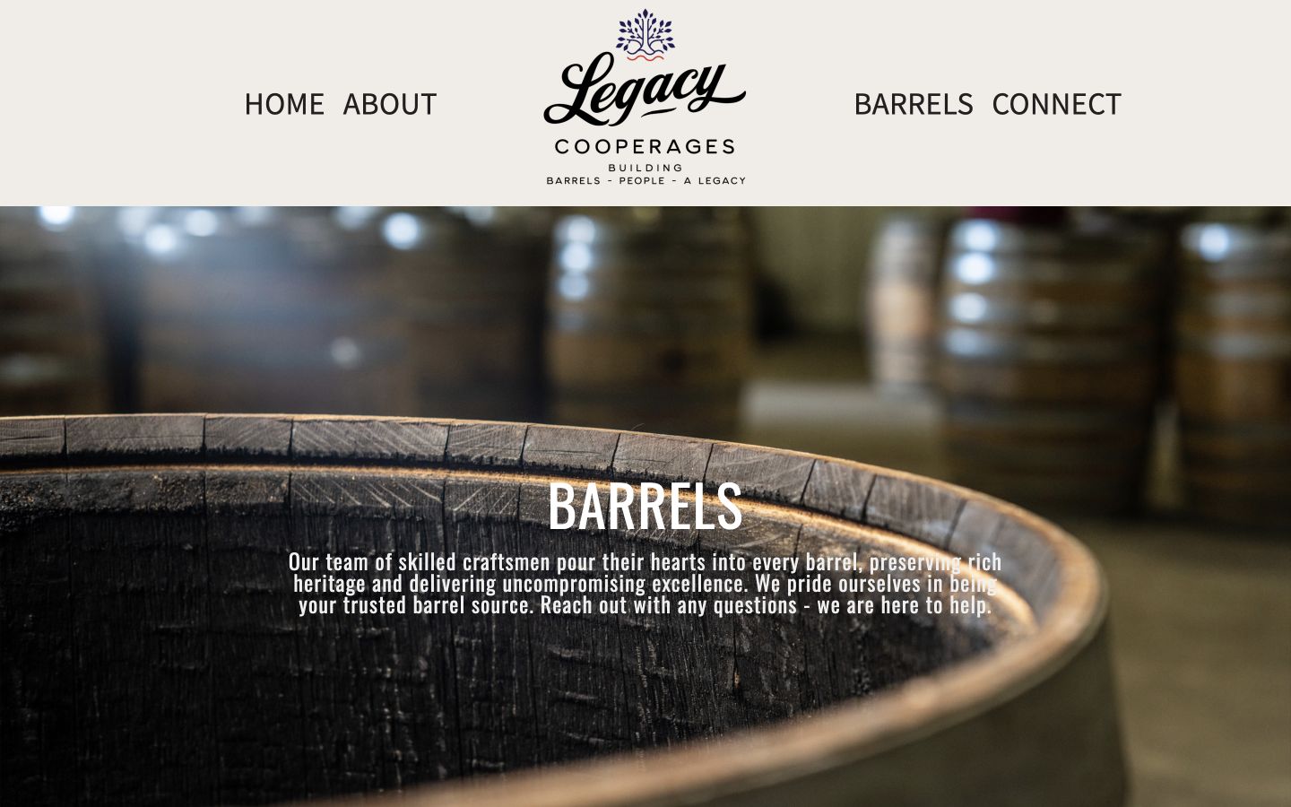 Exact capture of the Legacy Cooperages barrels page at 1440 pixels.