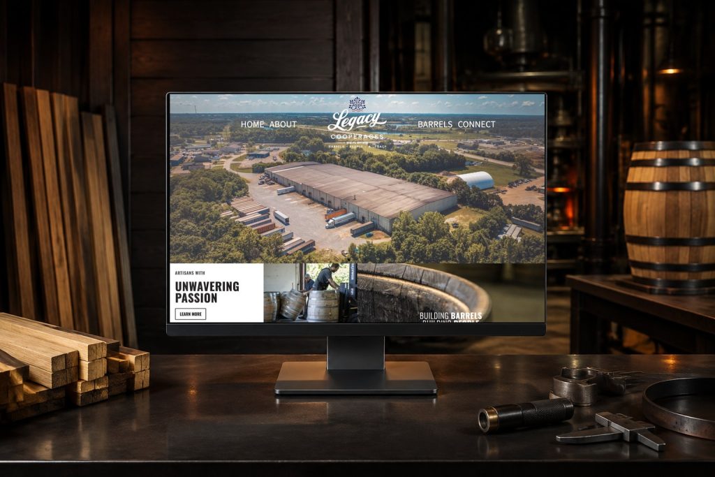 Legacy Cooperages website displayed in a commercial cooperage quality-control station.