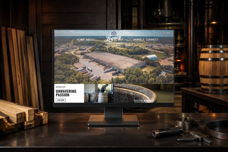 Legacy Cooperages website displayed in a commercial cooperage quality-control station.