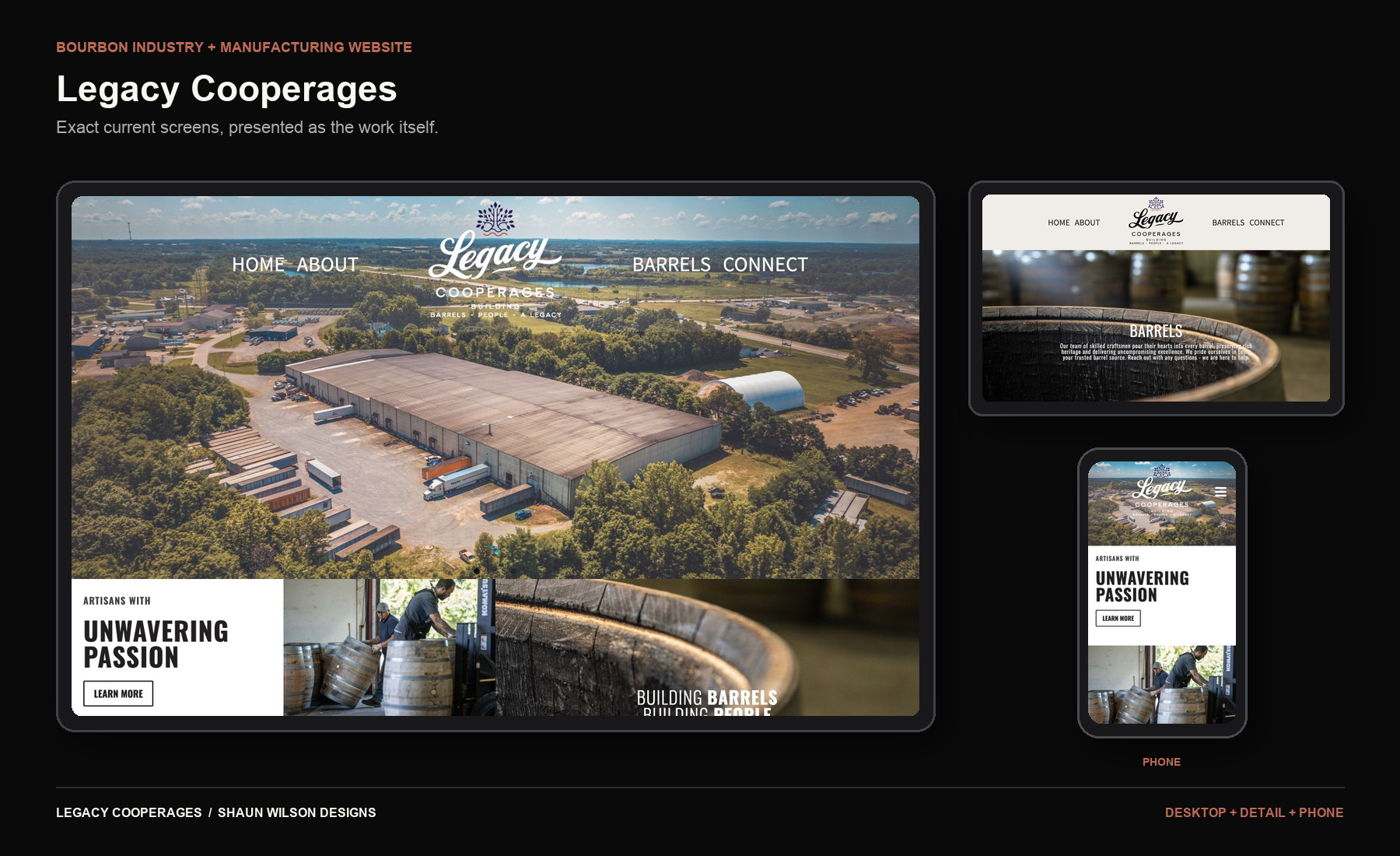 Current desktop, detail, and phone screens from the Legacy Cooperages website.