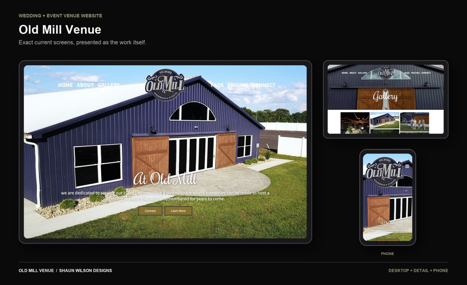 Current desktop, detail, and phone screens from the Old Mill Venue website.