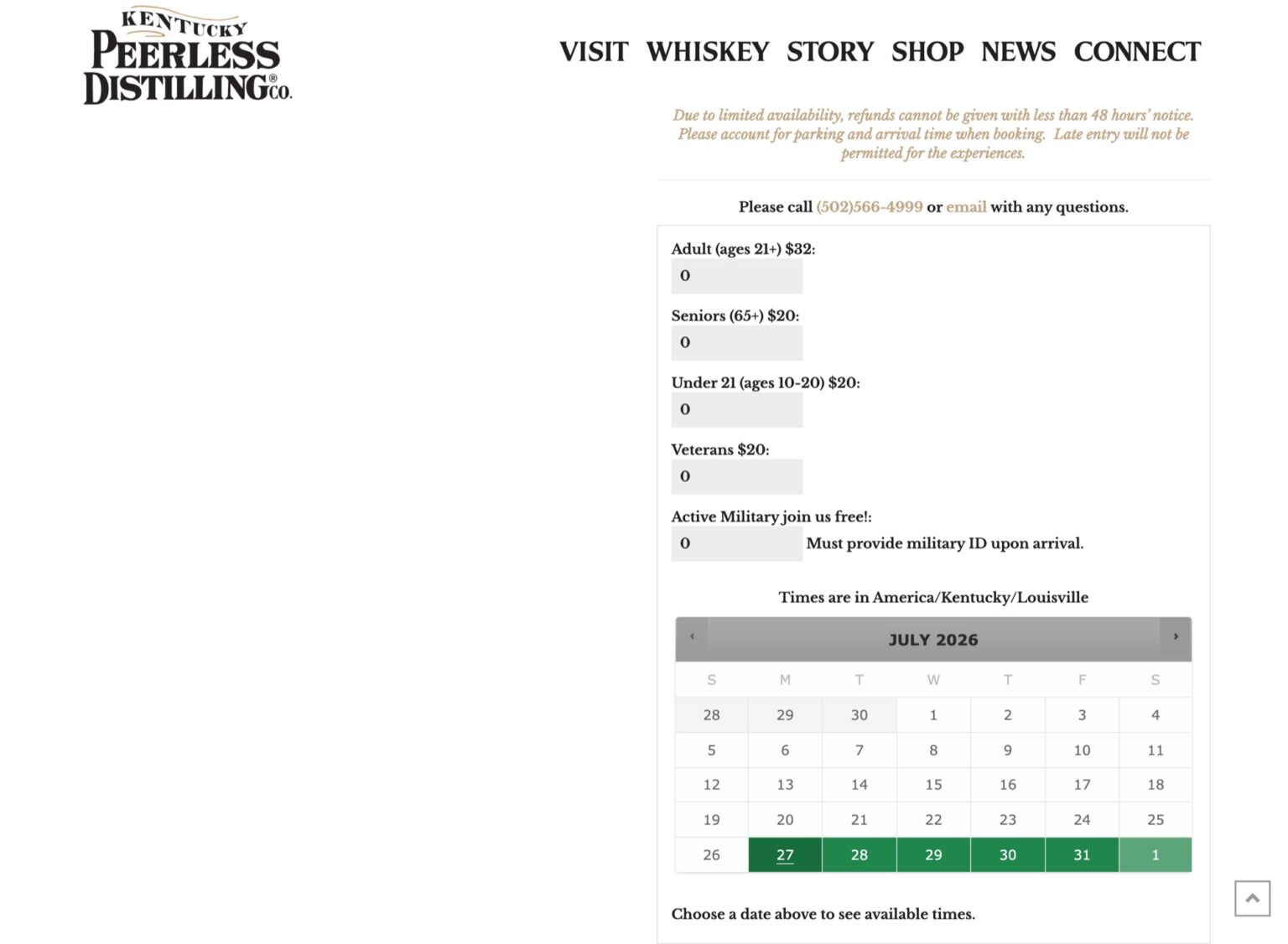 Kentucky Peerless Guest Check-In: tour booking form screen.