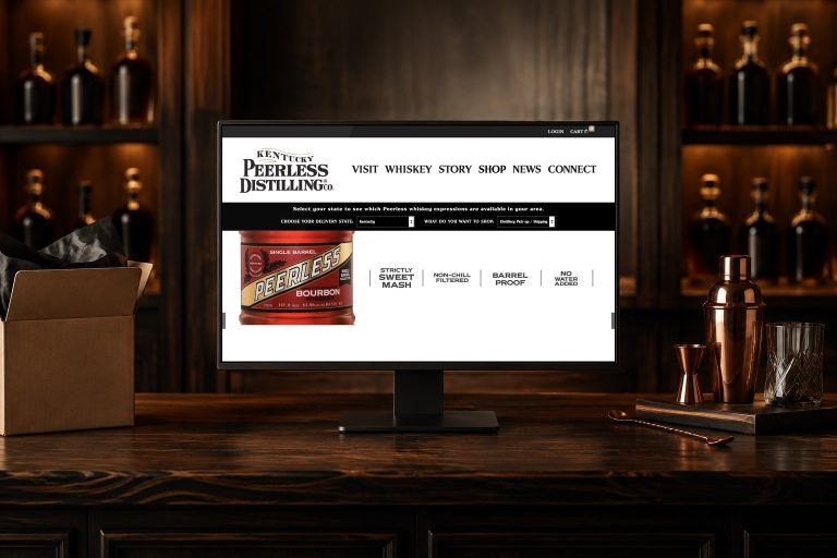 Shop Peerless website displayed in a luxury retail and fulfillment studio.