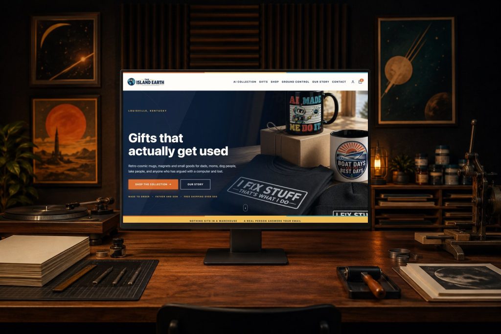 The Island Earth website displayed in a independent recording, print, and graphic design studio.