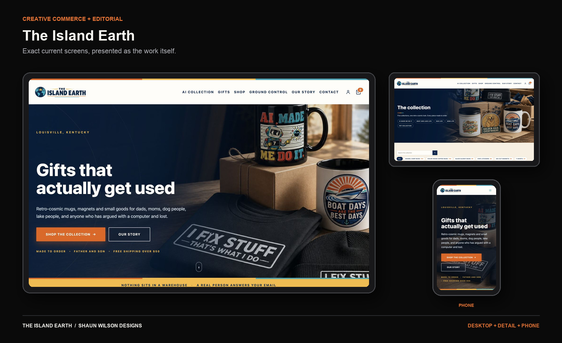 Current desktop, detail, and phone screens from the The Island Earth website.