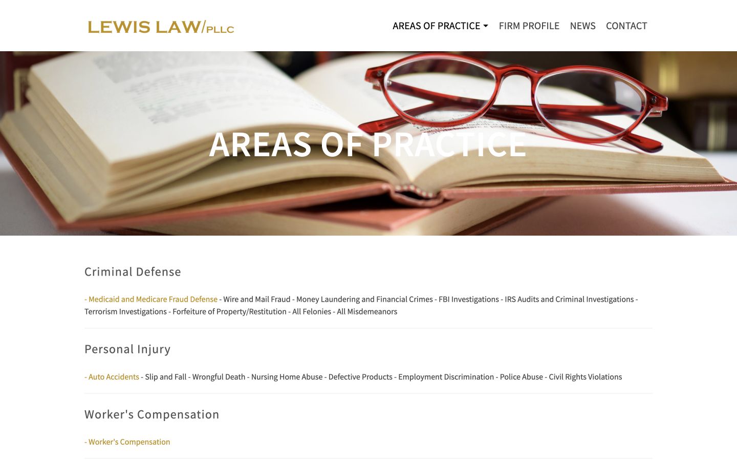 Exact capture of the Todd Lewis Law areas of practice page at 1440 pixels.