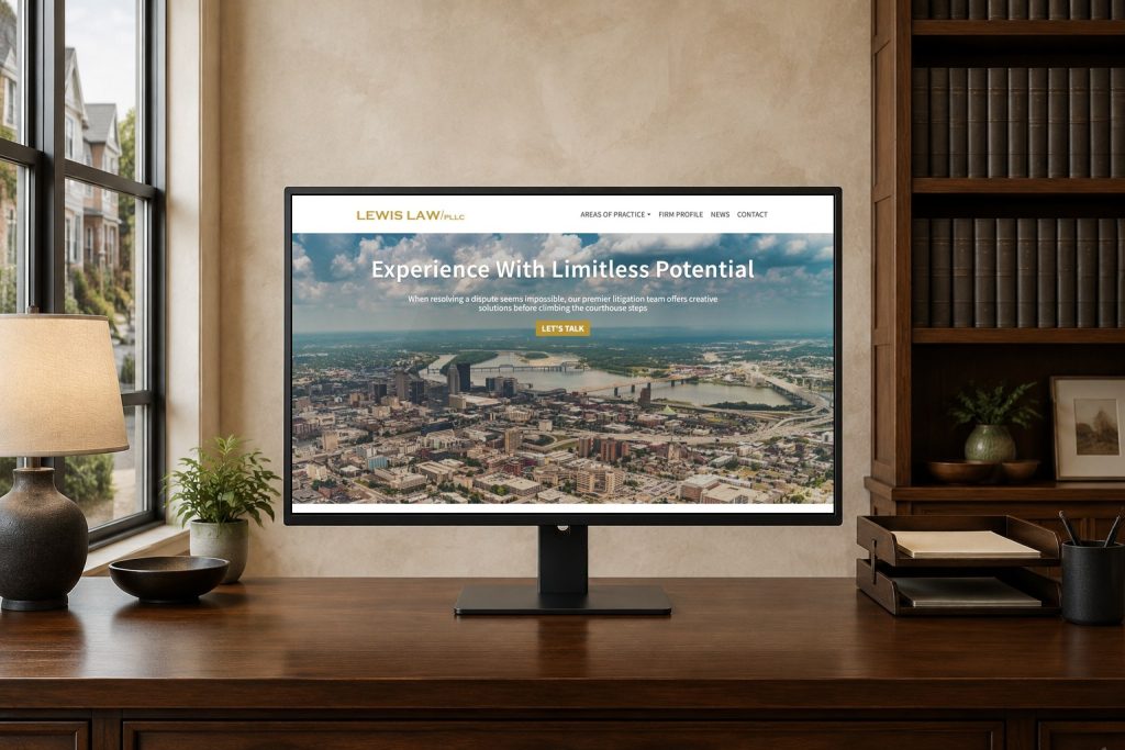 Todd Lewis Law website displayed in a restrained solo-practice office.