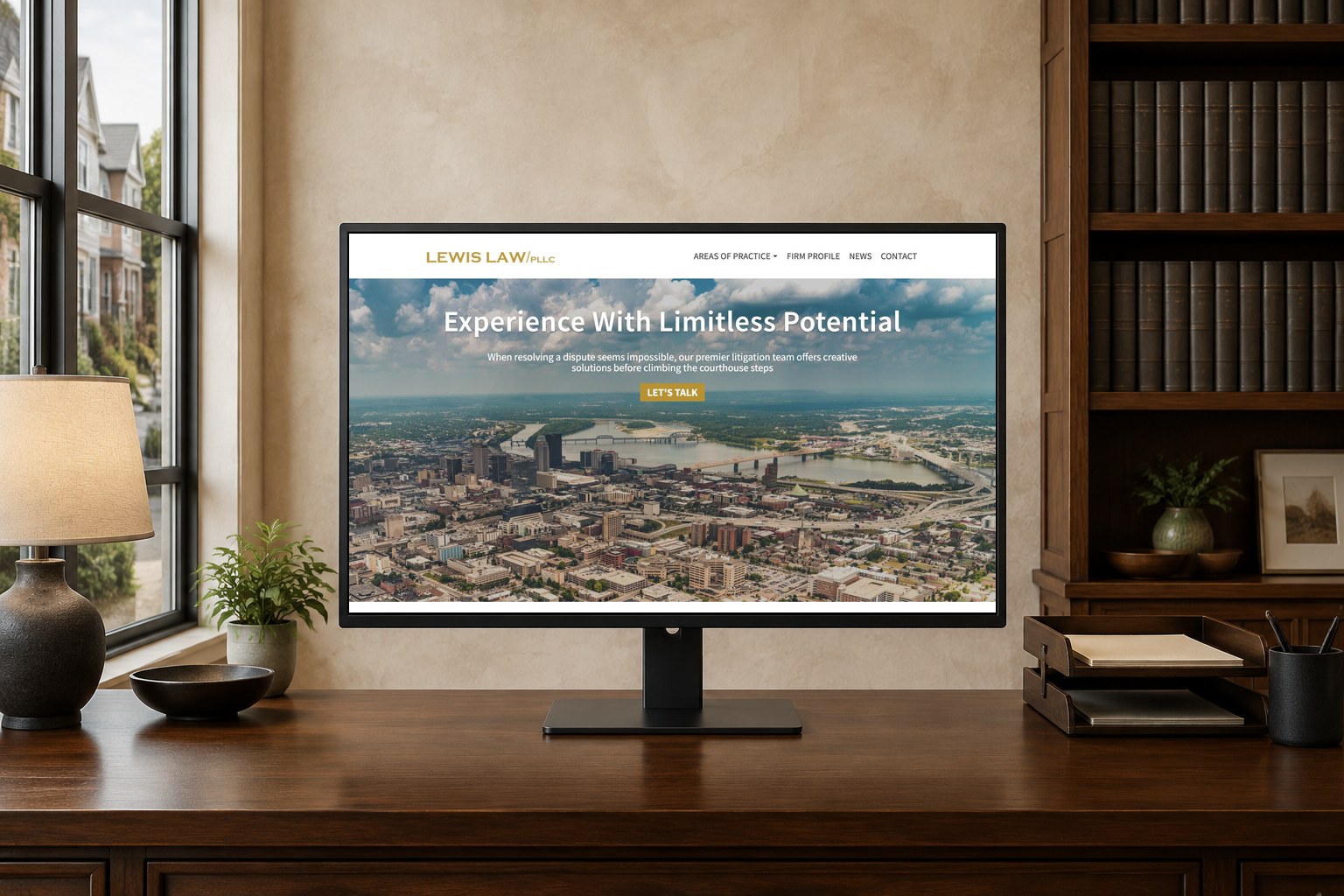 Todd Lewis Law website displayed in a restrained solo-practice office.