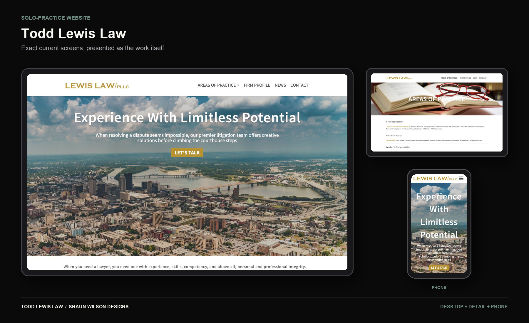 Todd Lewis Law website on desktop, detail and phone
