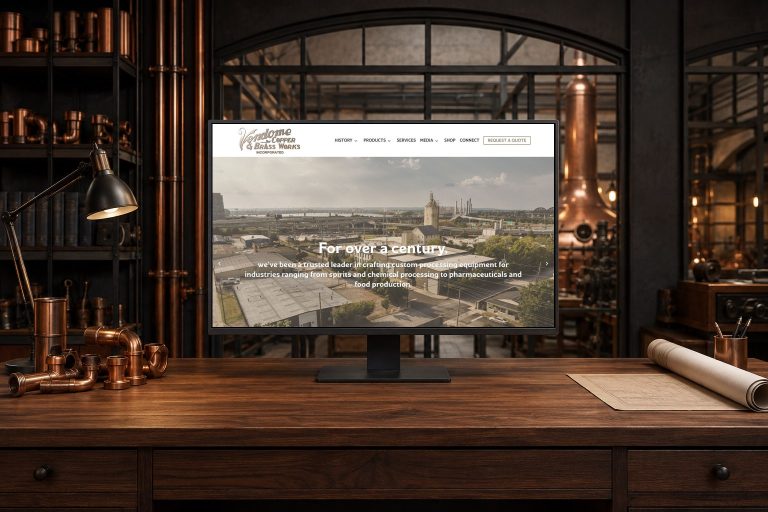 Vendome Copper & Brass Works website displayed in a copper fabrication and engineering studio.