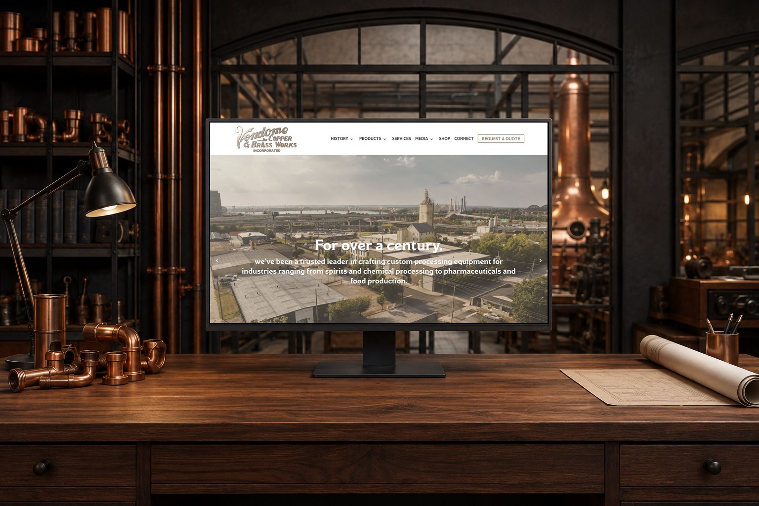 Vendome Copper & Brass Works website displayed in a copper fabrication and engineering studio.