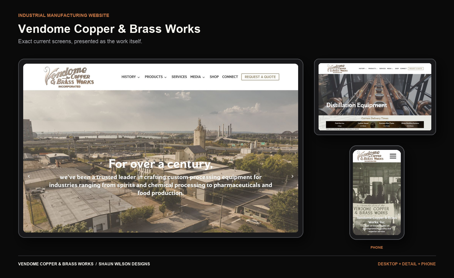 Current desktop, detail, and phone screens from the Vendome Copper & Brass Works website.