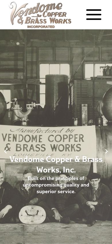 Exact capture of the Vendome Copper & Brass Works homepage on a 390-pixel phone.