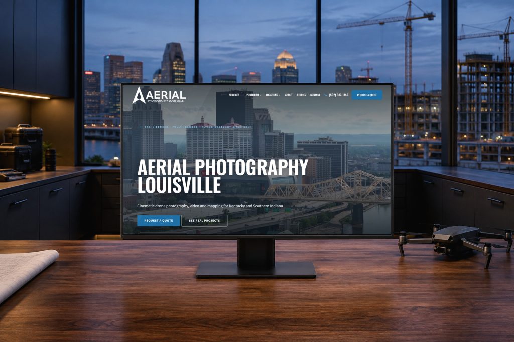 Aerial Photography Louisville website homepage on a desktop monitor in a dusk studio overlooking the Louisville skyline, by Shaun Wilson Designs