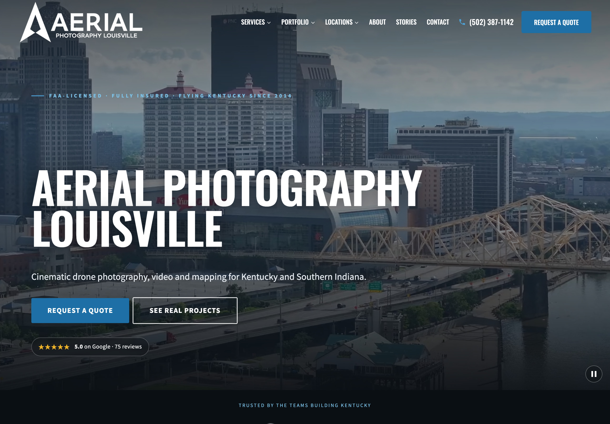 Aerial Photography Louisville homepage at 1440 pixels: Ohio River bridge aerial, Request a Quote and See Real Projects