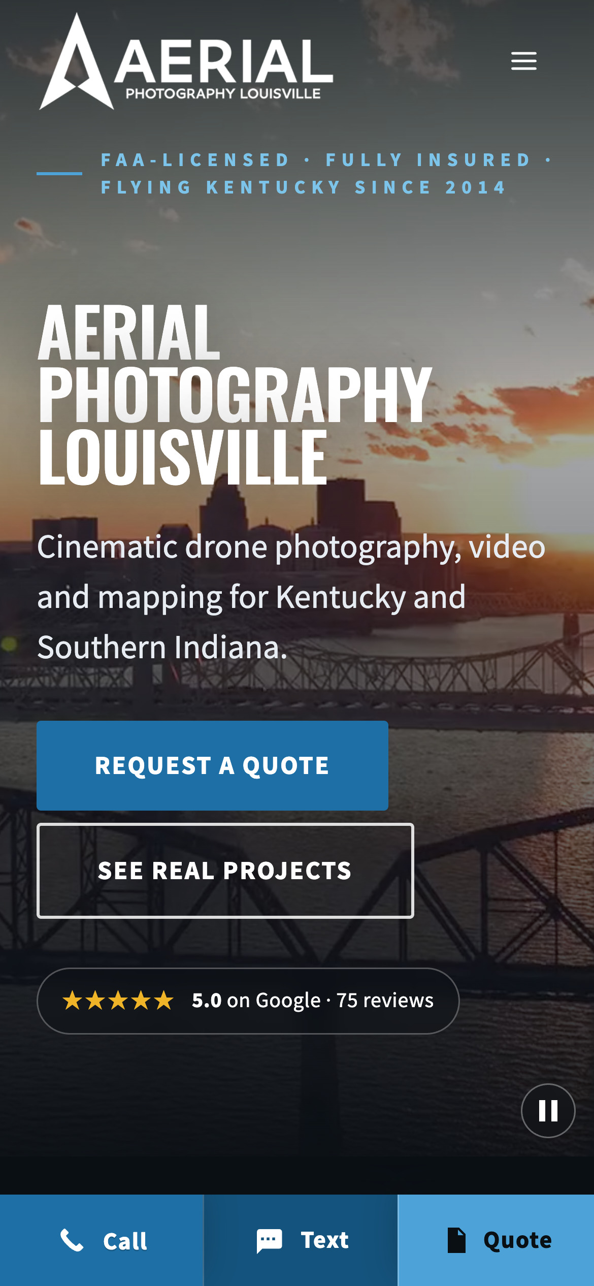 Aerial Photography Louisville homepage on a 390-pixel phone with the Call, Text and Quote bar