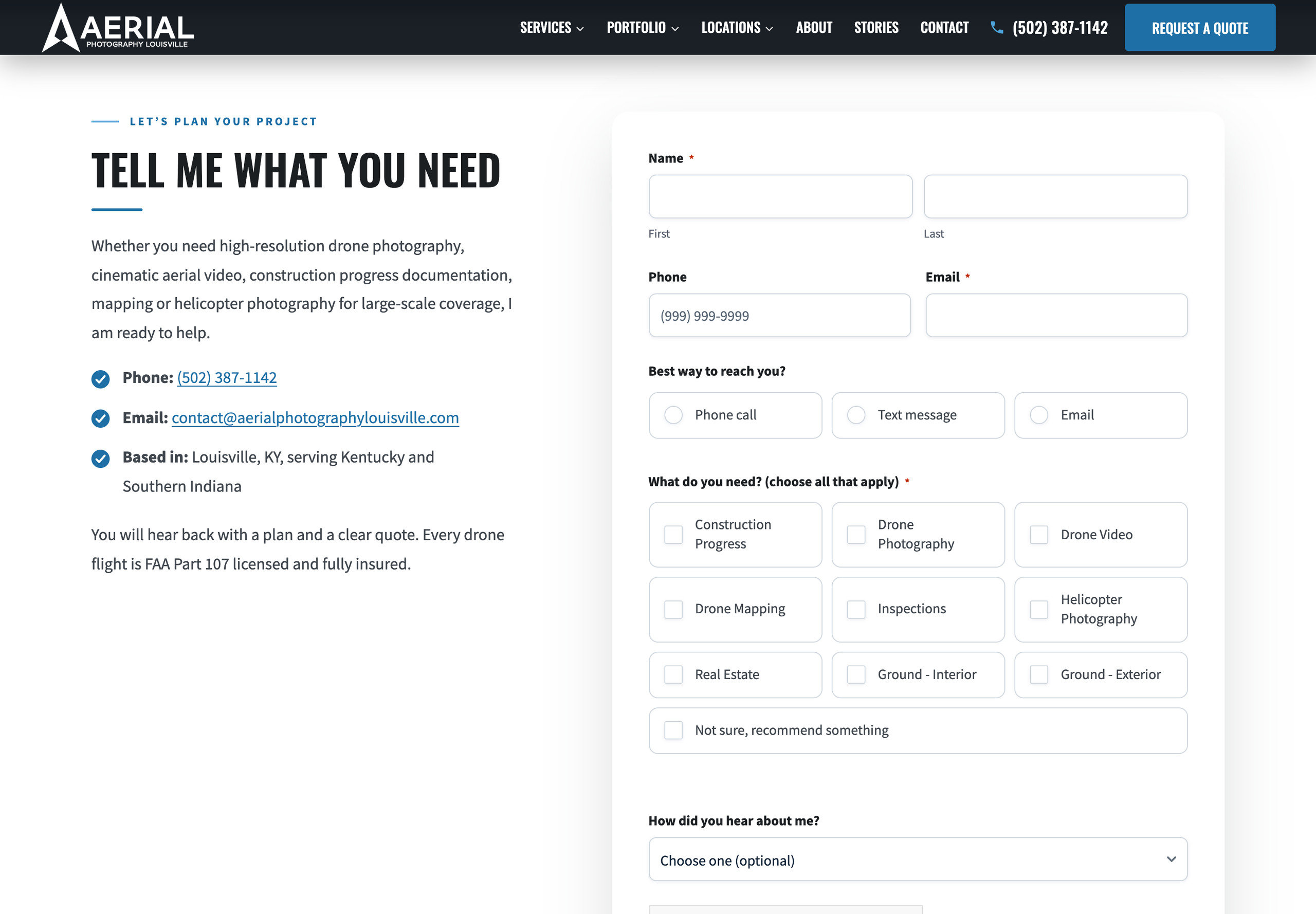 Aerial Photography Louisville quote request form with Cloudflare Turnstile, built by Shaun Wilson Designs