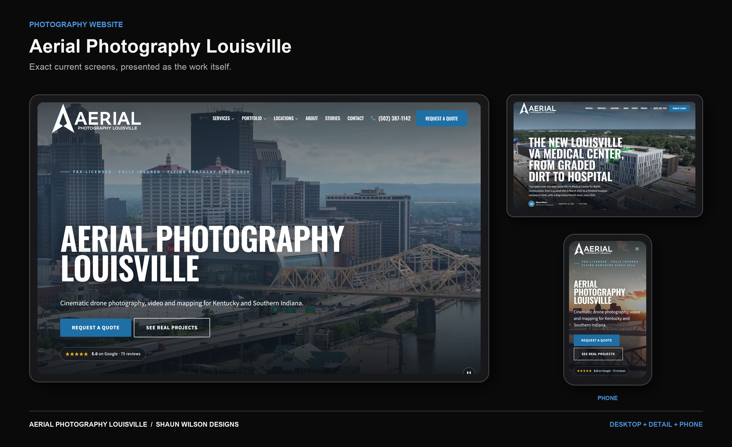 Aerial Photography Louisville website on desktop and phone, current screens