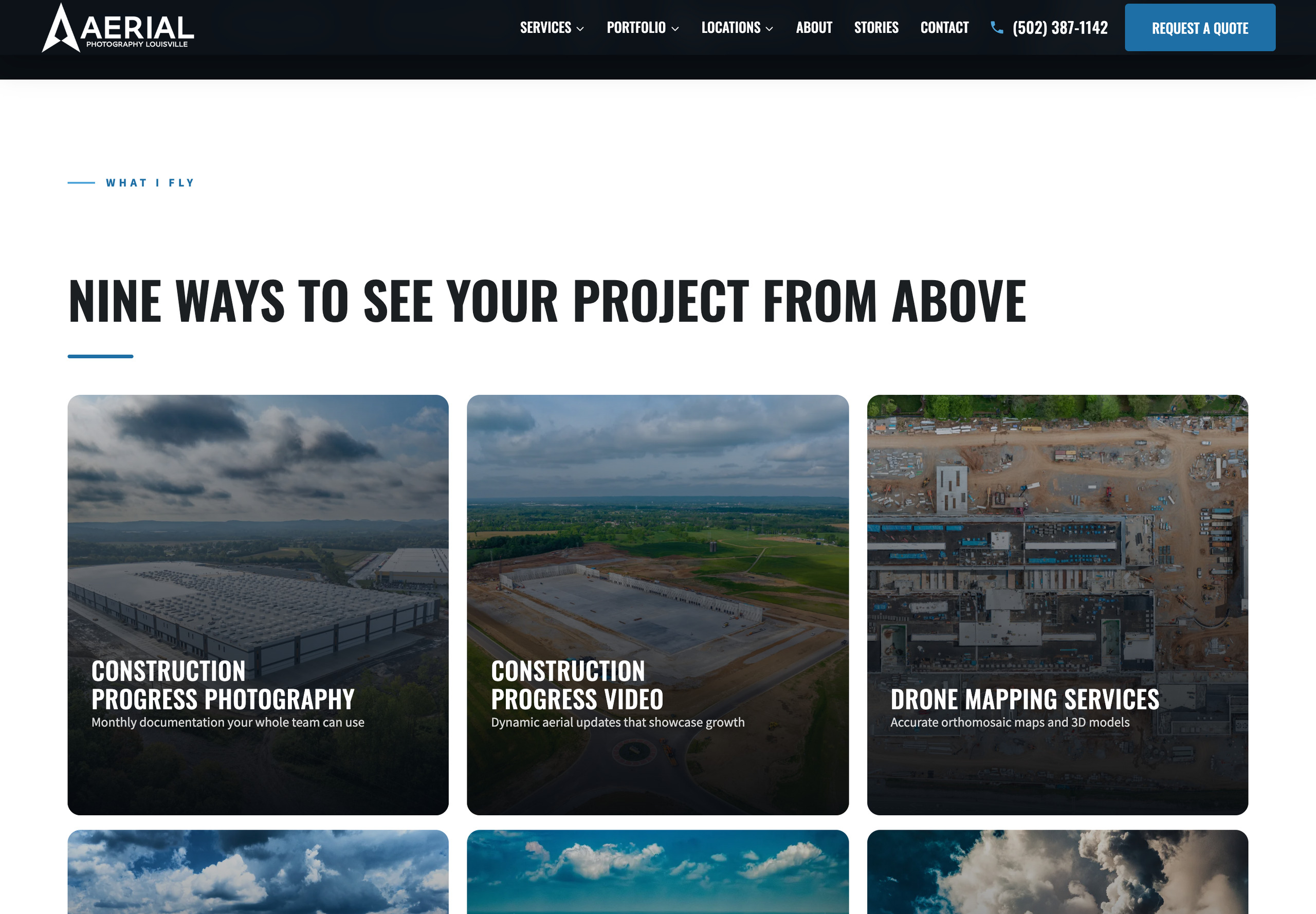 Aerial Photography Louisville homepage service cards: construction progress photography, construction progress video and drone mapping