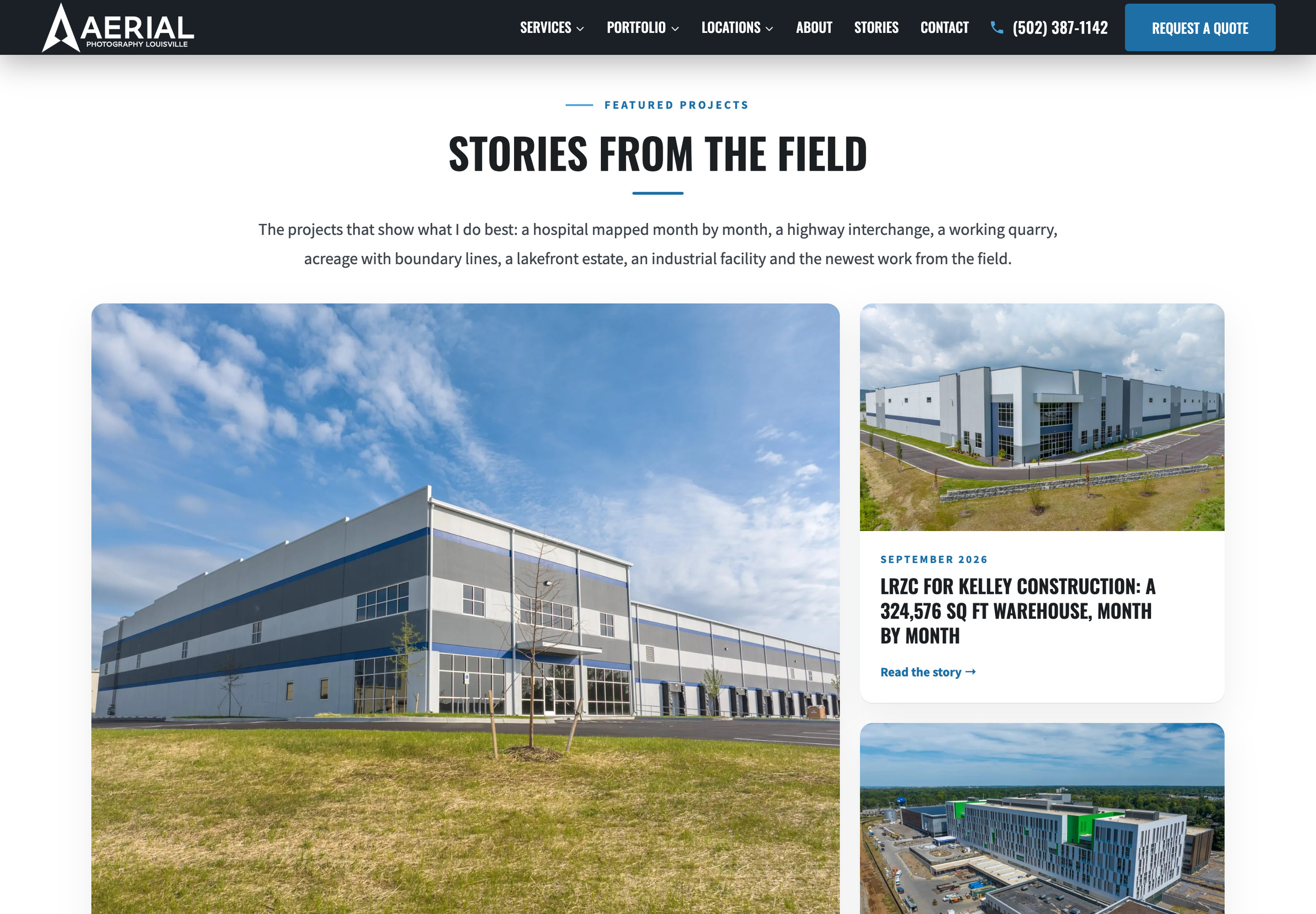 Aerial Photography Louisville Stories from the Field section with featured project stories
