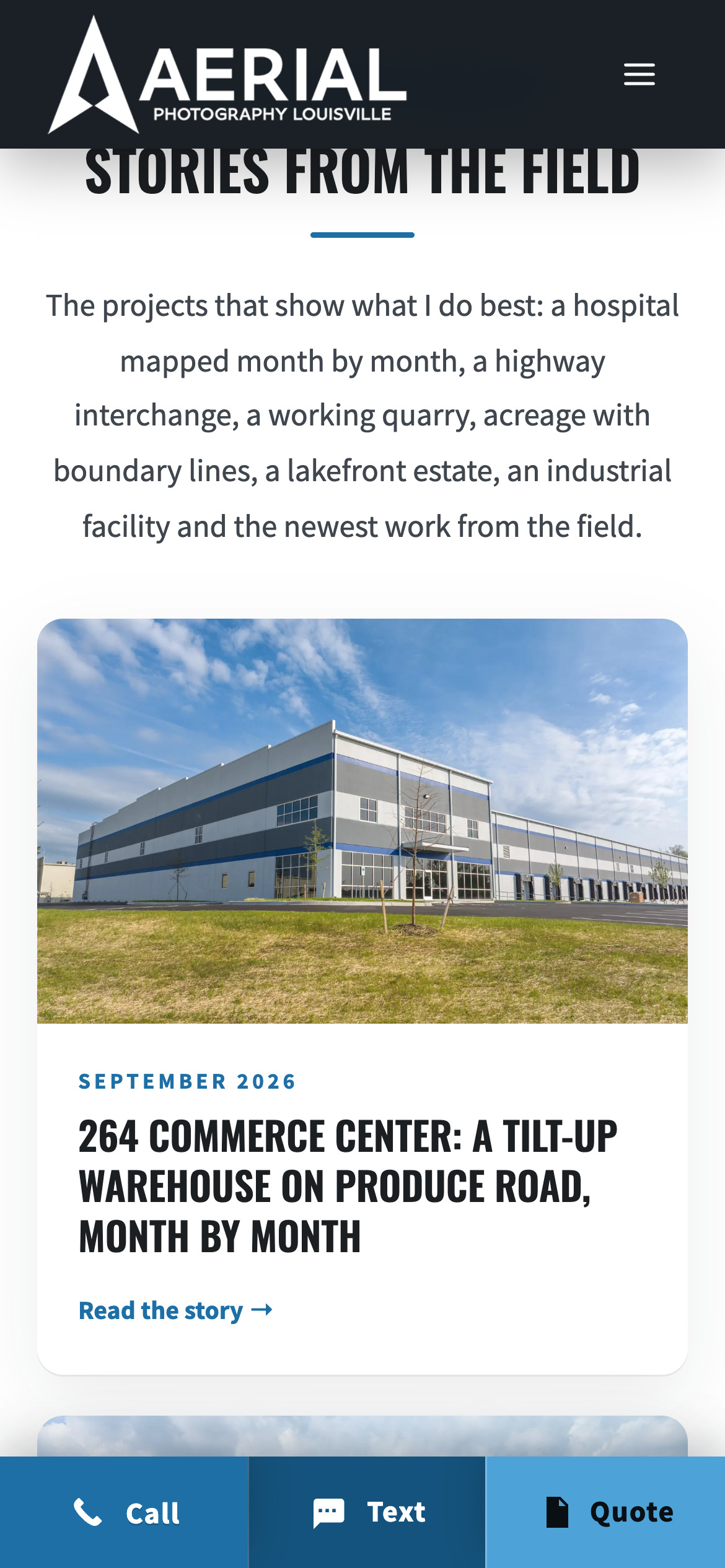 Aerial Photography Louisville Stories from the Field on a phone, with a warehouse project story card