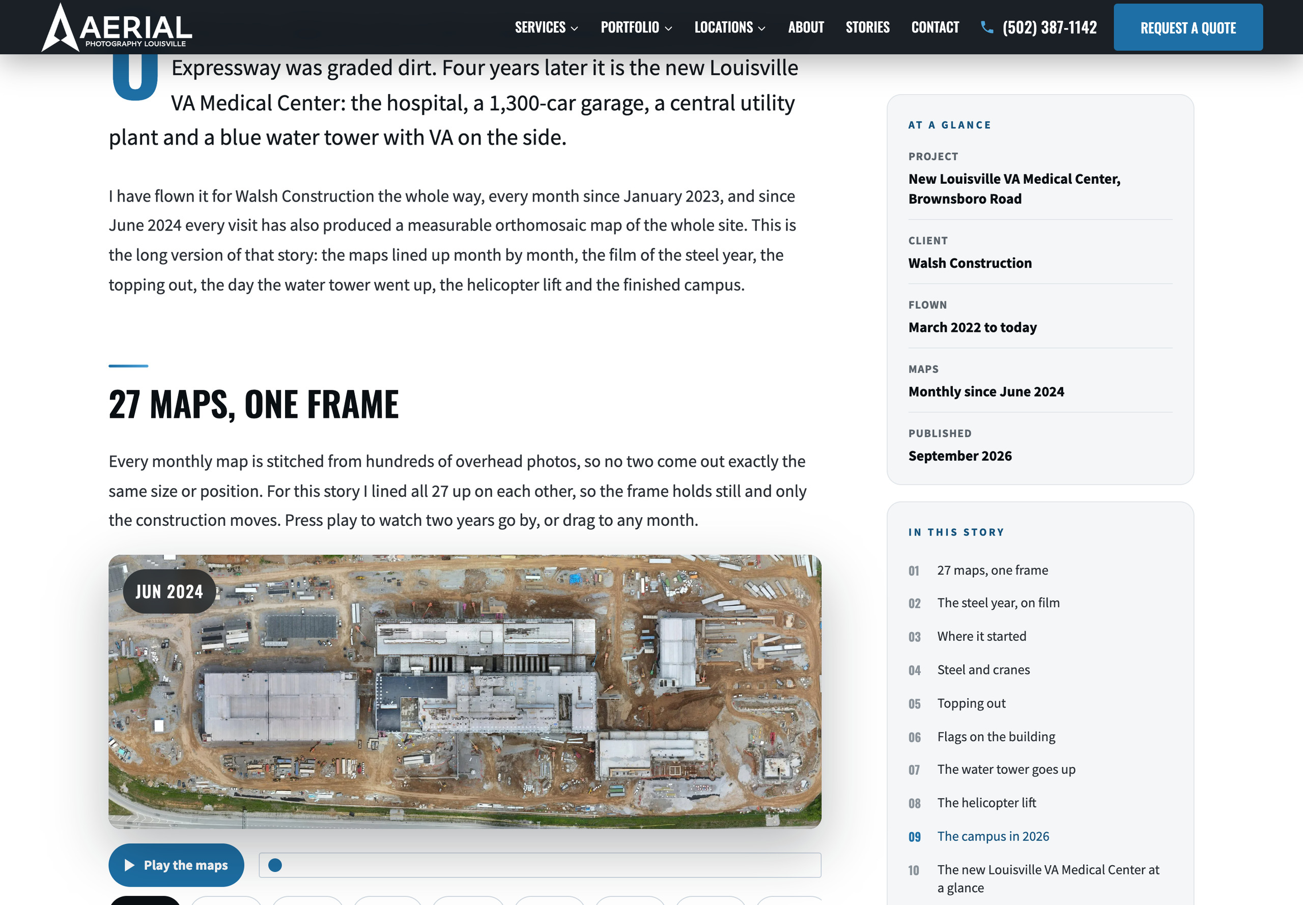 Aerial Photography Louisville VA Medical Center story: 27 monthly drone maps lined up in one frame with a play control