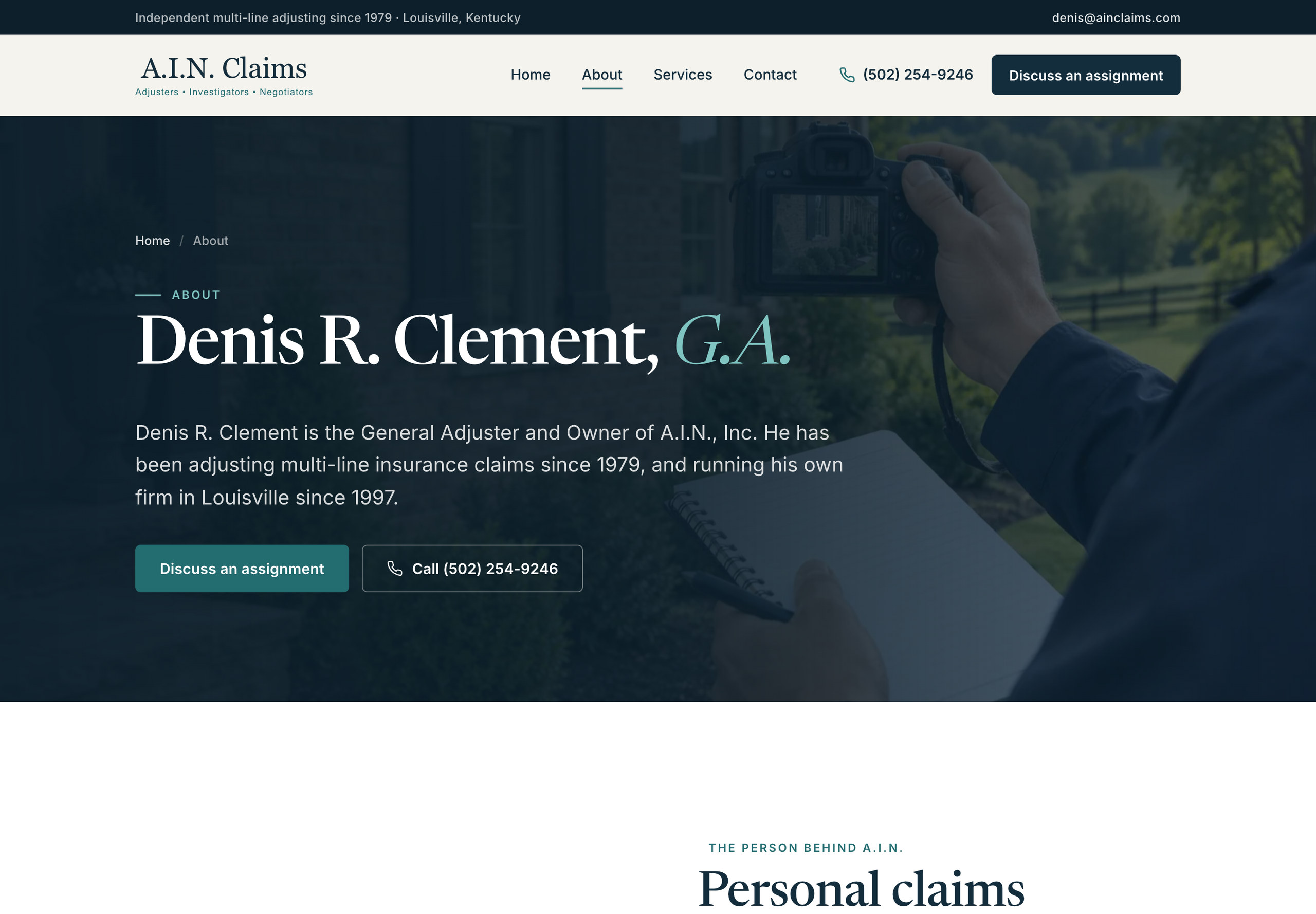 A.I.N. Claims About page introducing Denis R. Clement, General Adjuster, over an illustrative background
