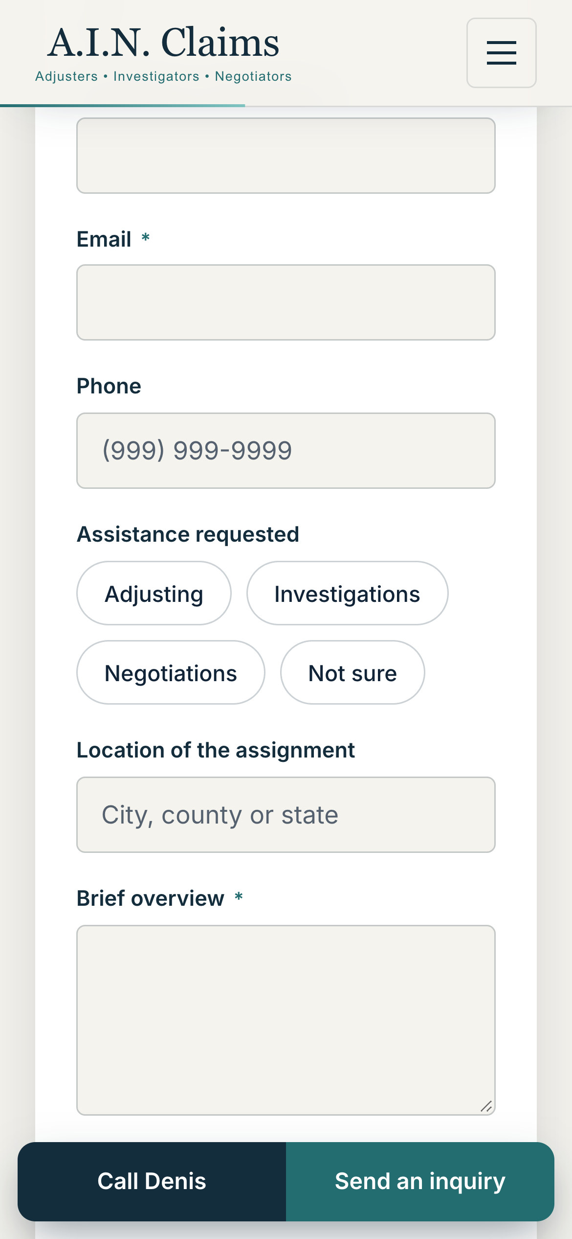 A.I.N. Claims inquiry form on a phone with assistance type, assignment location and a brief overview