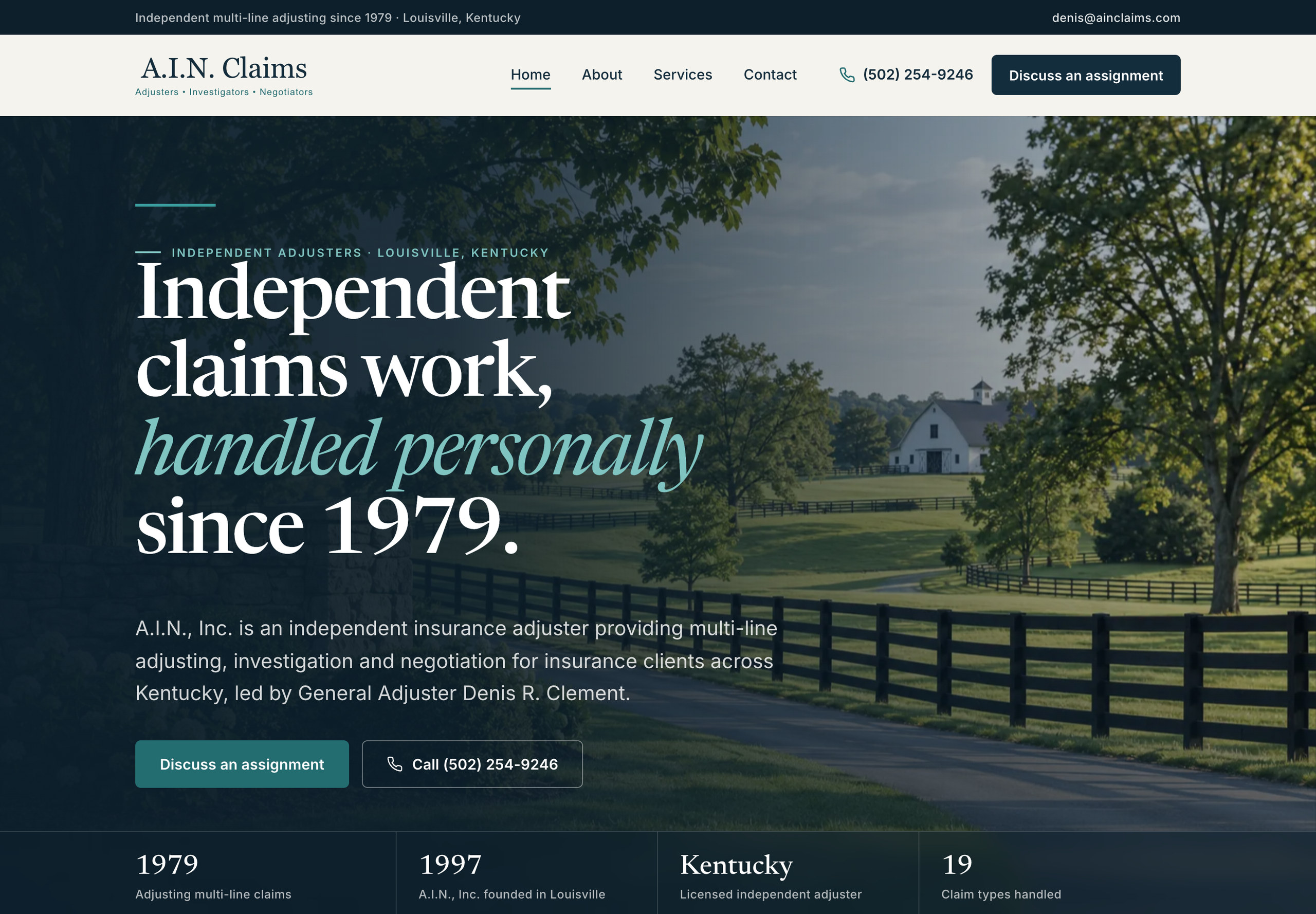 A.I.N. Claims homepage at desktop width, navy and teal branding introducing independent claims adjusting in Kentucky since 1979