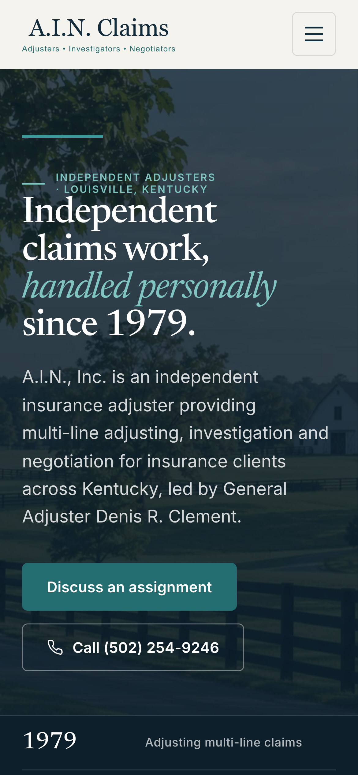 A.I.N. Claims homepage on a 390-pixel phone with the business introduction and contact actions