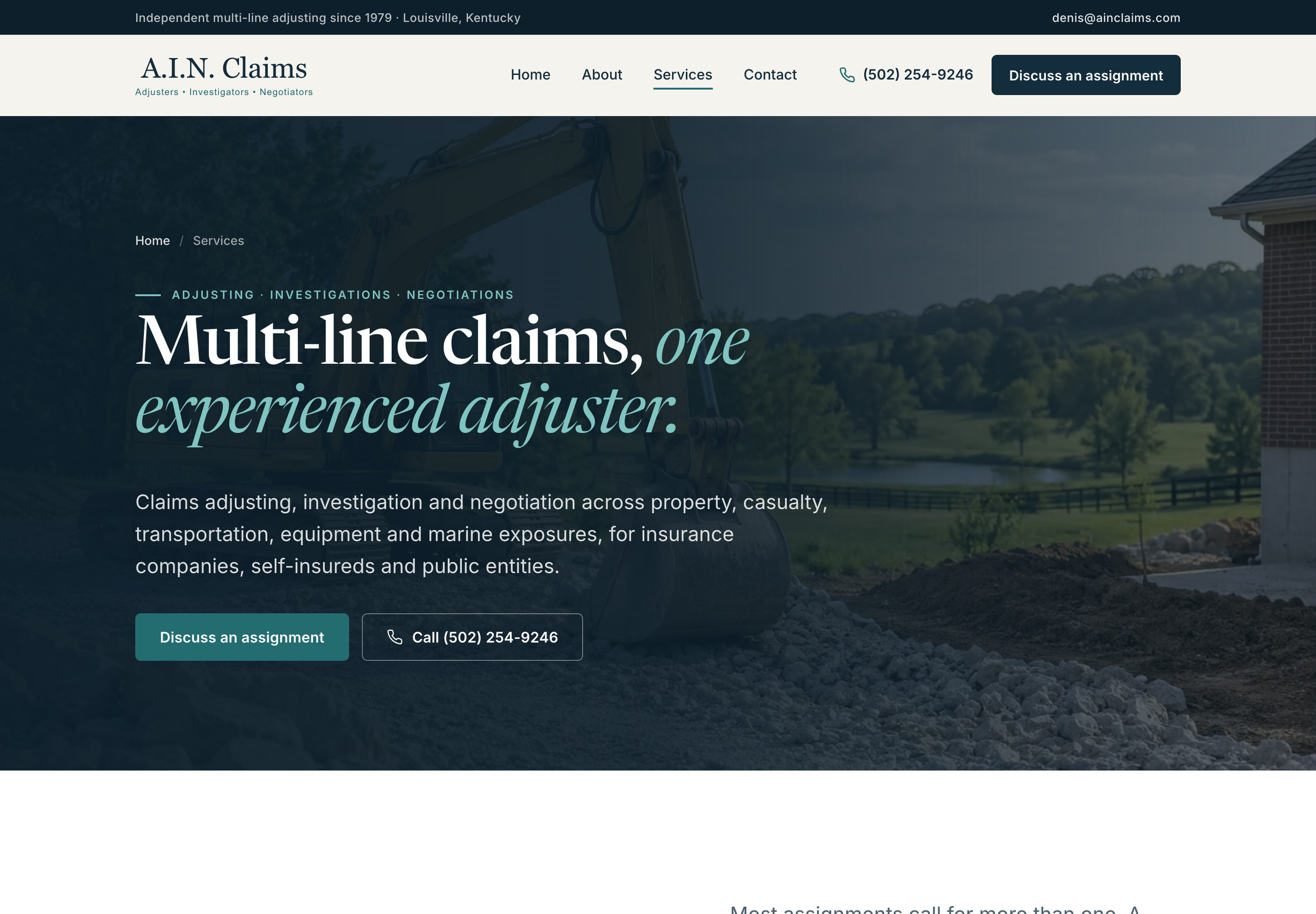 A.I.N. Claims Services page introducing adjusting, investigation and negotiation