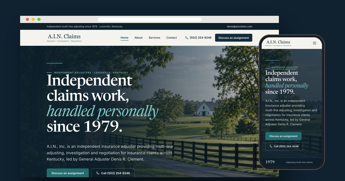 A.I.N. Claims insurance adjuster website on desktop and phone, by Shaun Wilson Designs