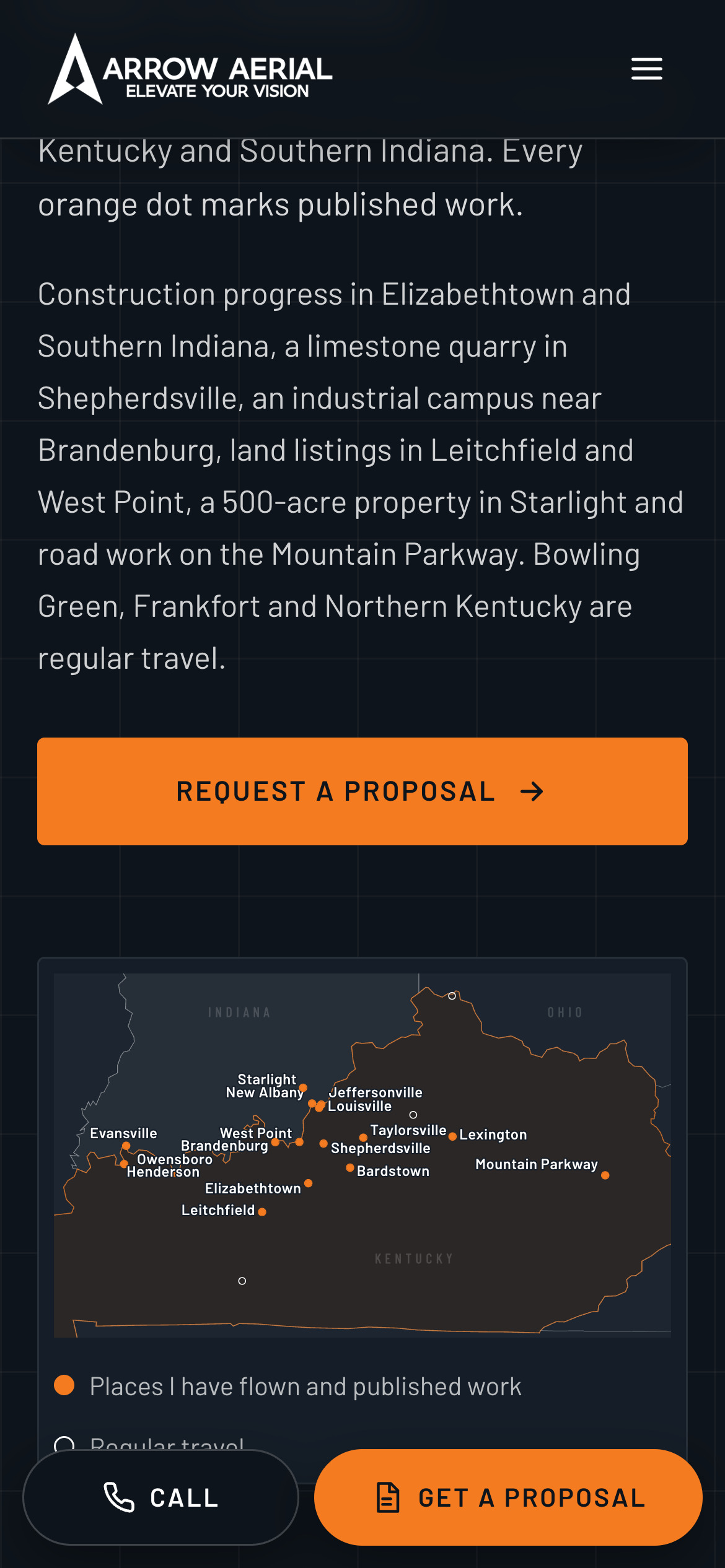 Arrow Aerial coverage map on a phone with Call and Get a Proposal buttons