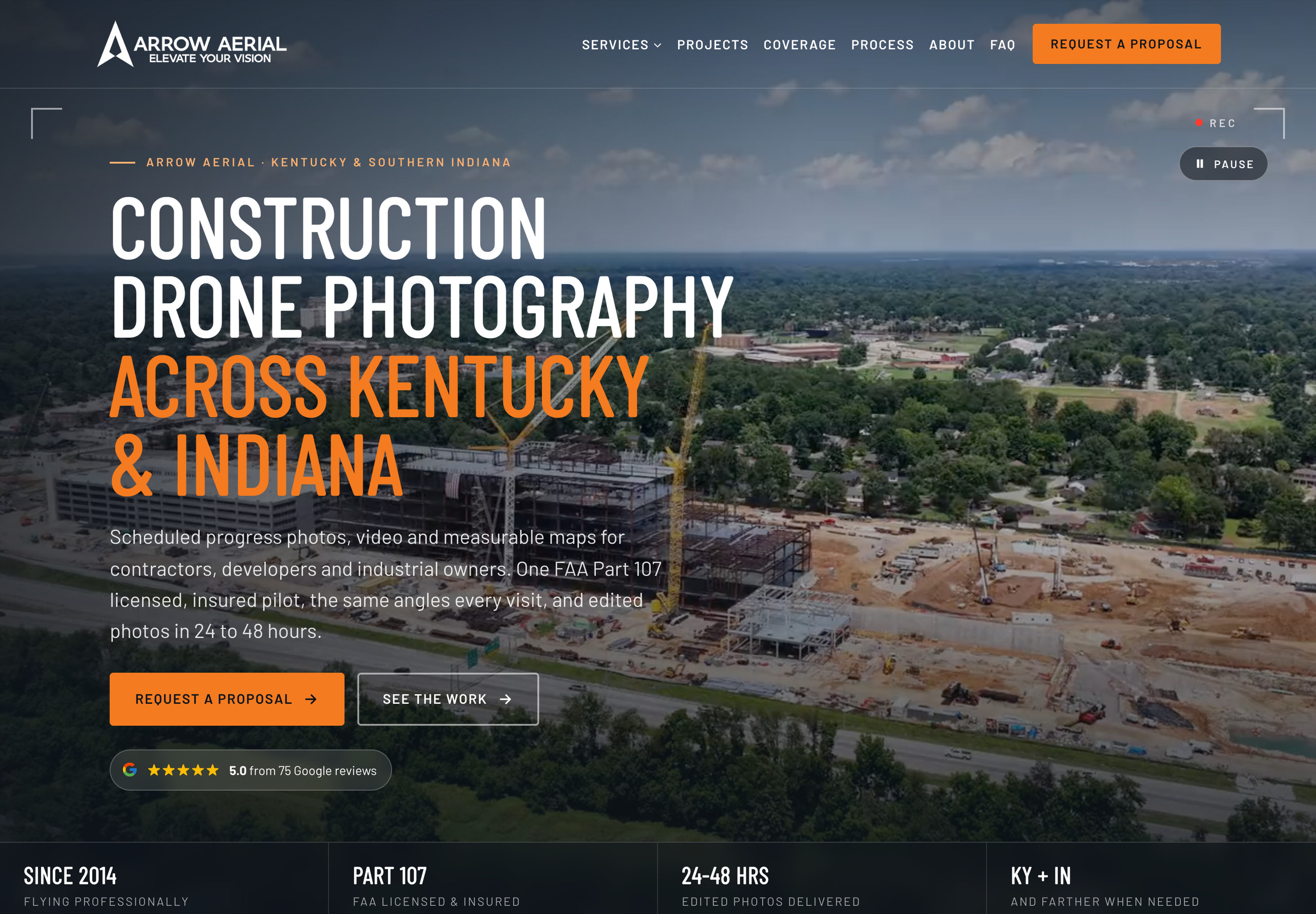 Arrow Aerial homepage after its rebuild from a single page to a fifteen-page website by Shaun Wilson Designs