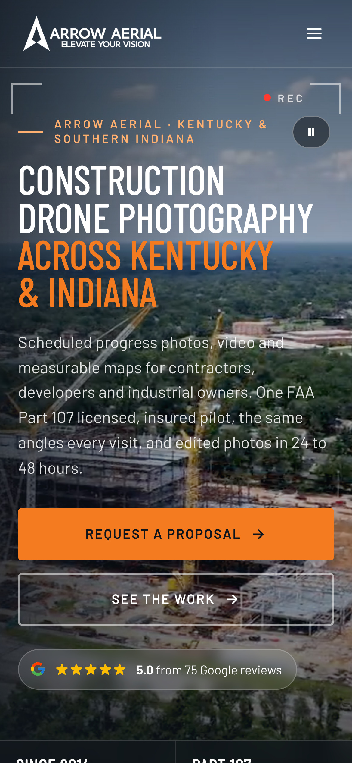 Arrow Aerial homepage on a 390-pixel phone