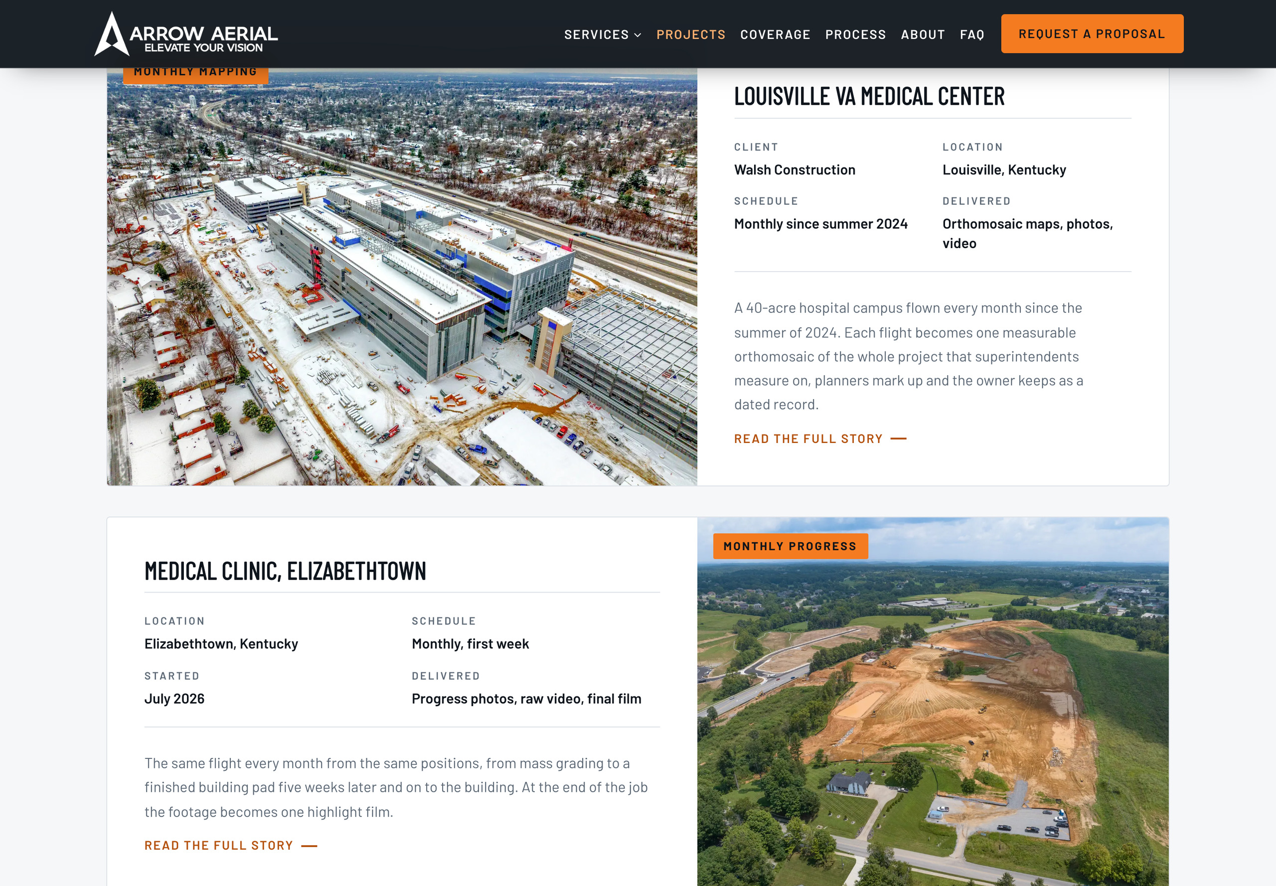 Arrow Aerial project cards: Louisville VA Medical Center monthly mapping and an Elizabethtown medical clinic