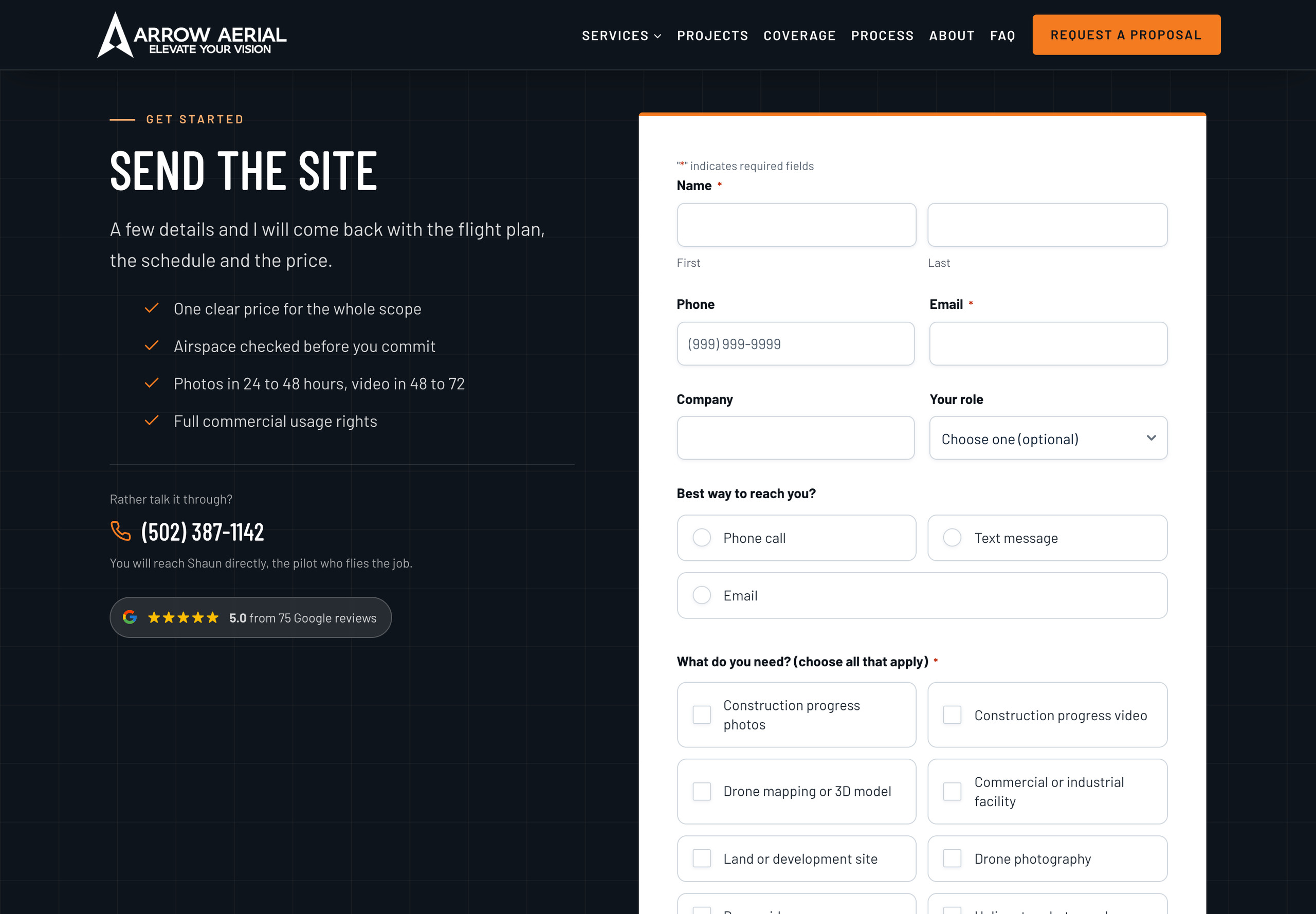 Arrow Aerial Request a Proposal form with service choices