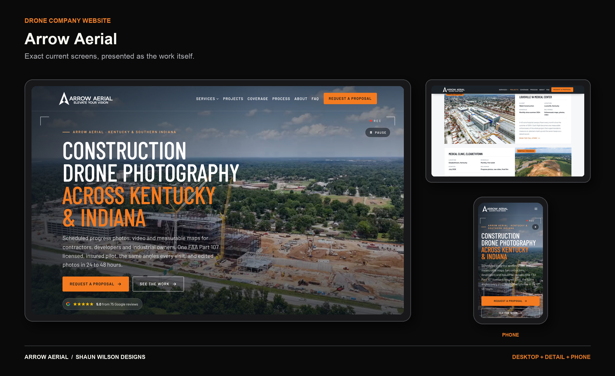 Arrow Aerial website on desktop, tablet and phone, current screens