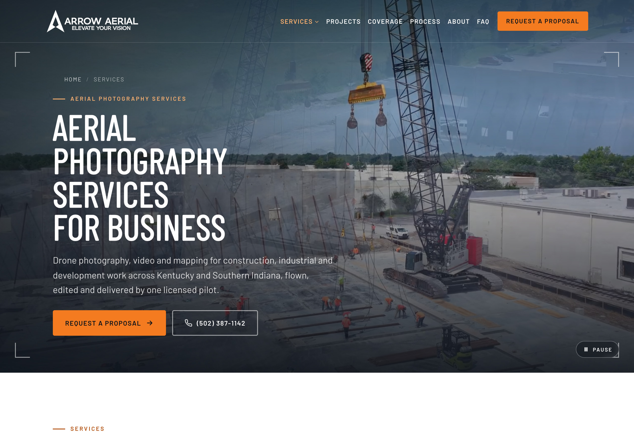 Arrow Aerial aerial photography services for business page with a crane lift on site