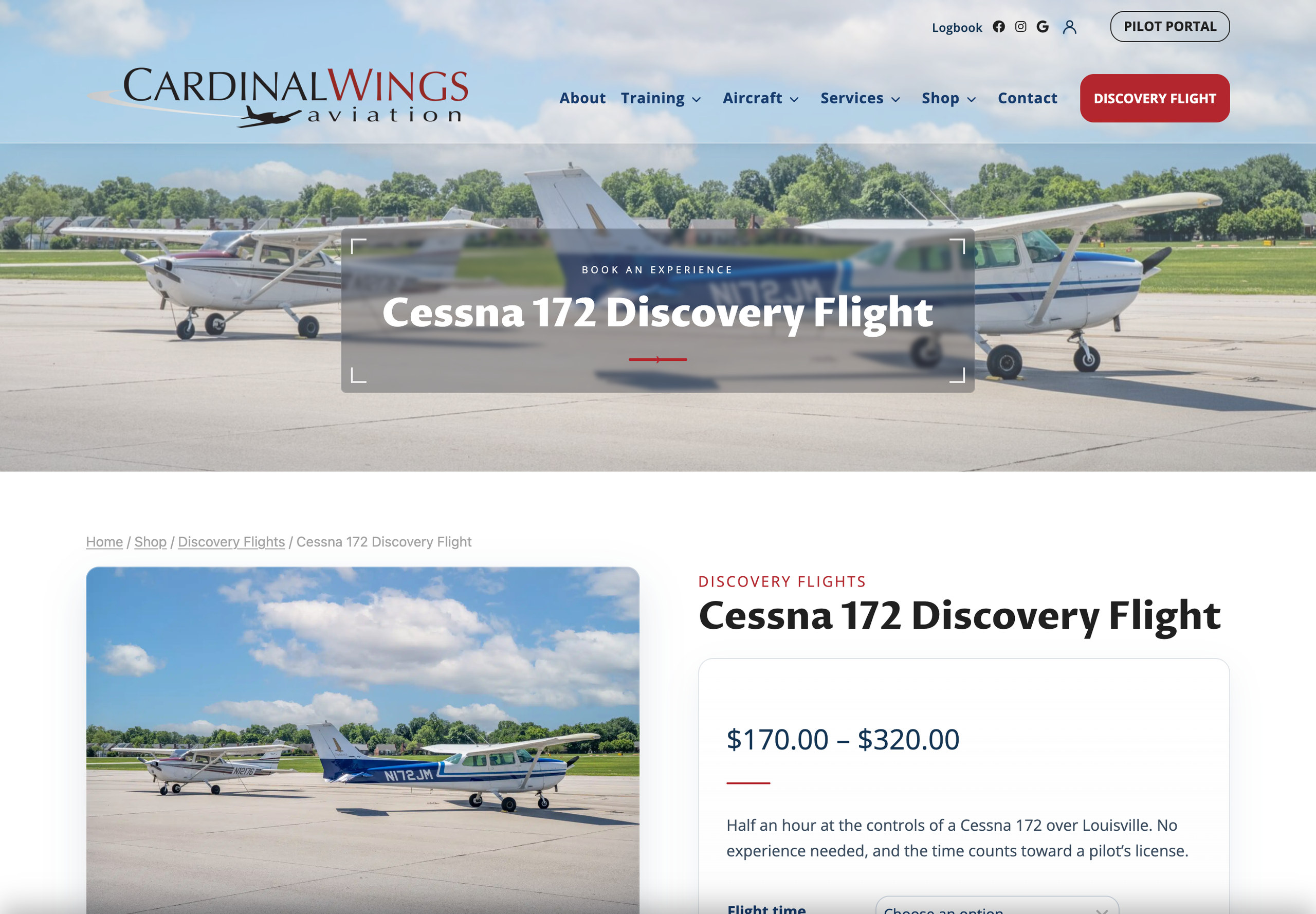 Cessna discovery flight product page with original aircraft photography