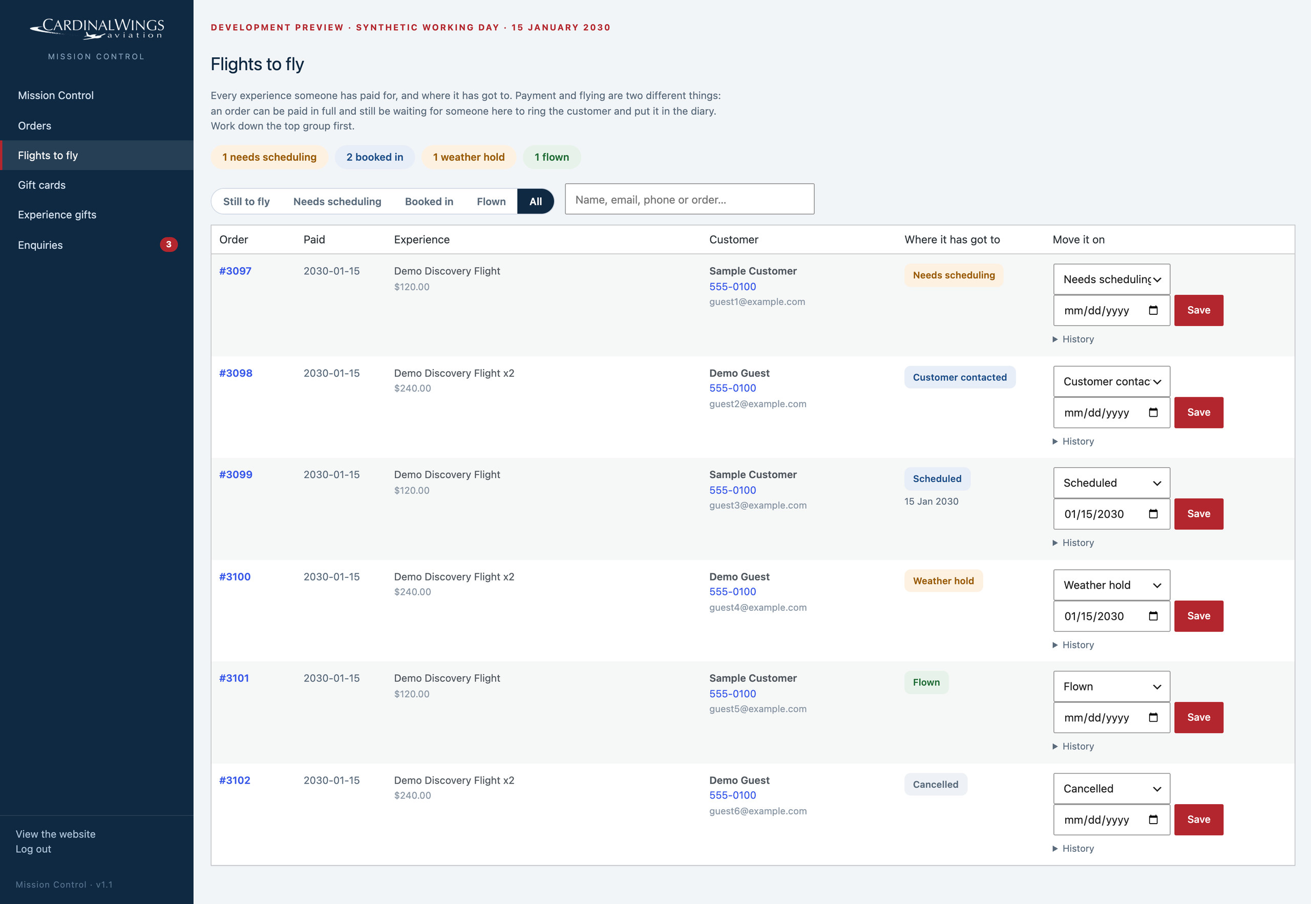 Flights to fly queue showing the six flight states, interface preview with fictional records