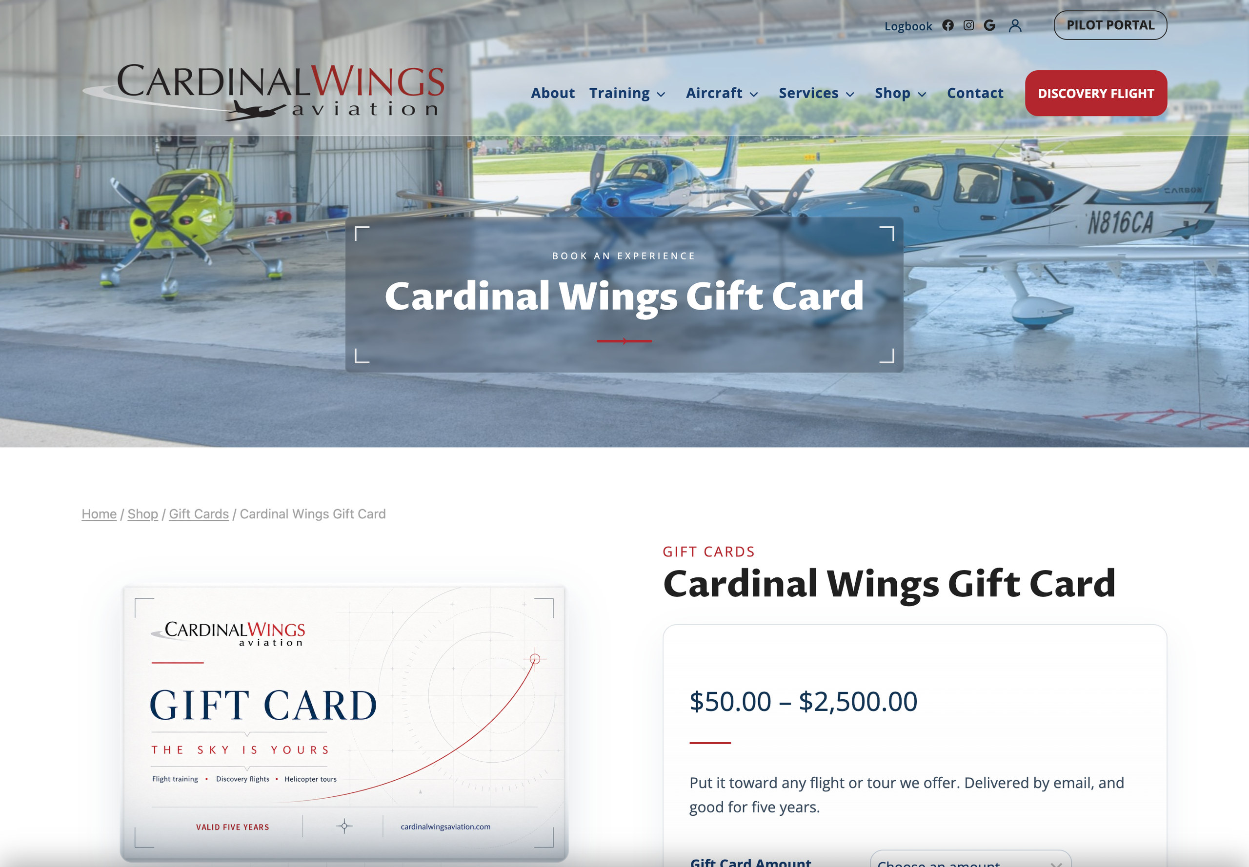 Cardinal Wings Aviation dollar value gift card product page