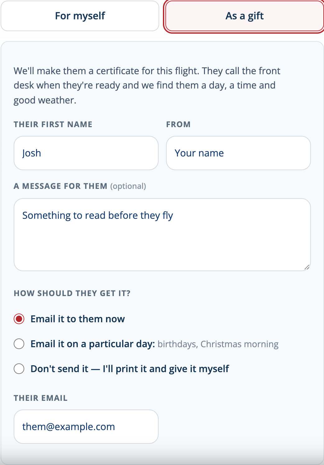 Named experience gift form with recipient, sender, message and three delivery choices